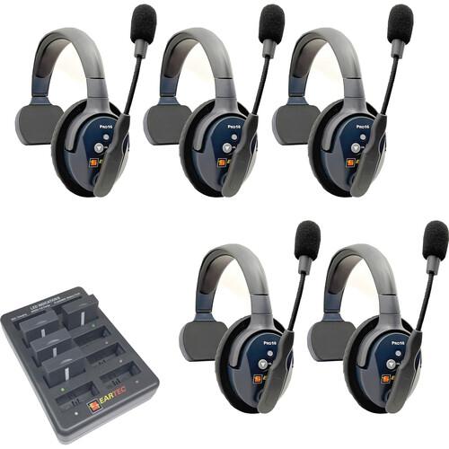 Eartec UltraLITE PRO16 ETP5S Full-Duplex Professional True Wireless Intercom System with 5 Single Headsets (2.4 GHz)